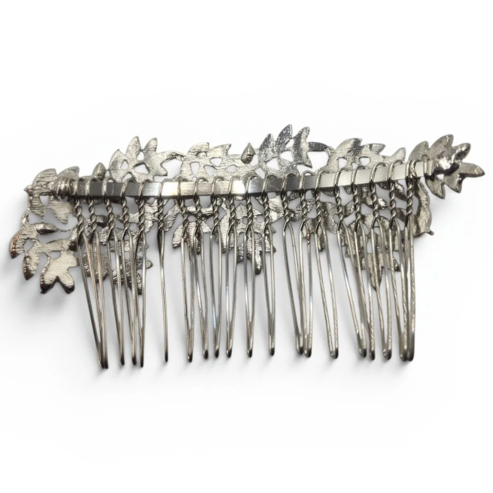 Vintage Style Rhinestone Leaves Silvertone Style Metal Hair Comb